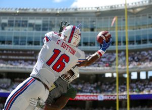 SMU Mustangs wide receiver Courtland Sutton (16) attempts to make a leaping catch over a Baylor Bears defender but it's broken up. Sutton led the Mustangs in receiving yards with 112.